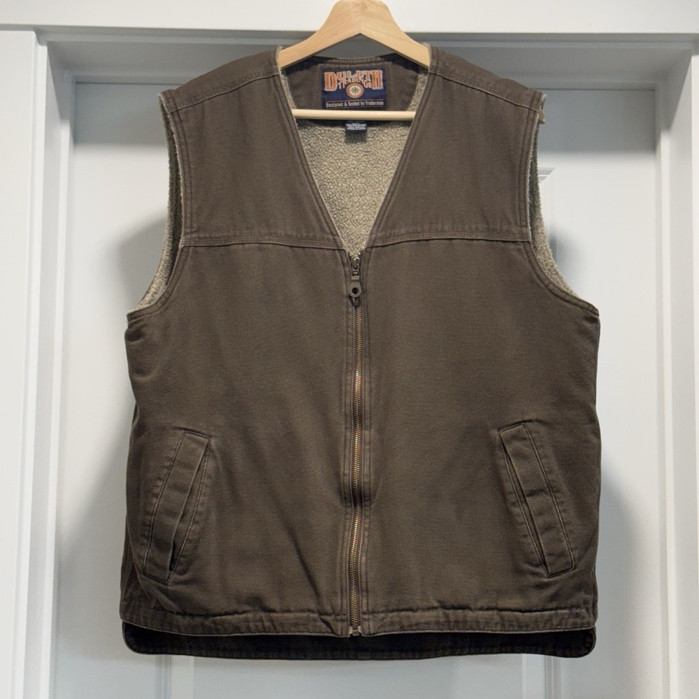 Duluth Trading Vest Mens L Brown Sherpa Lined Cotton Canvas Full Zip READ